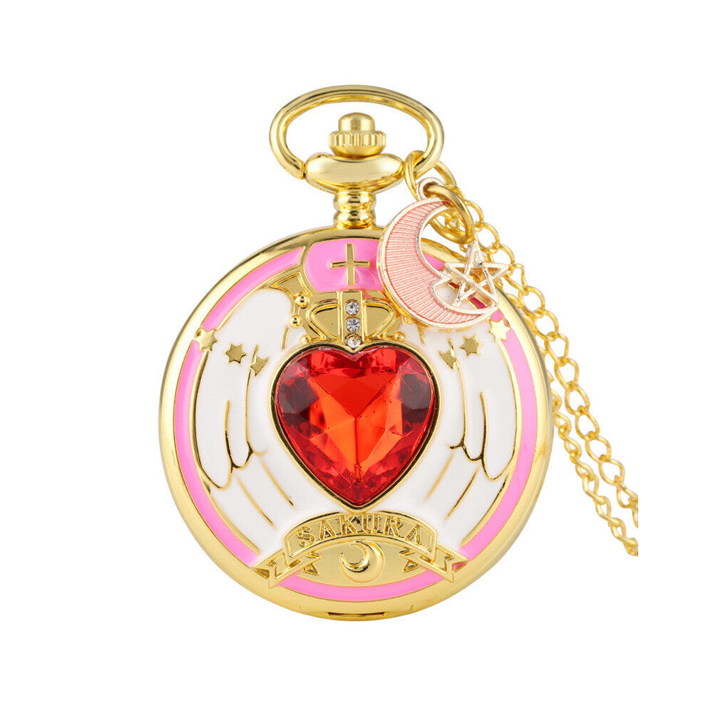 3D Red Heart Cover Pendant Moon-Cat-Pentagram Gadget Women Girl Japan Anime Quartz Pocket Watch Necklace Chain Timepiece