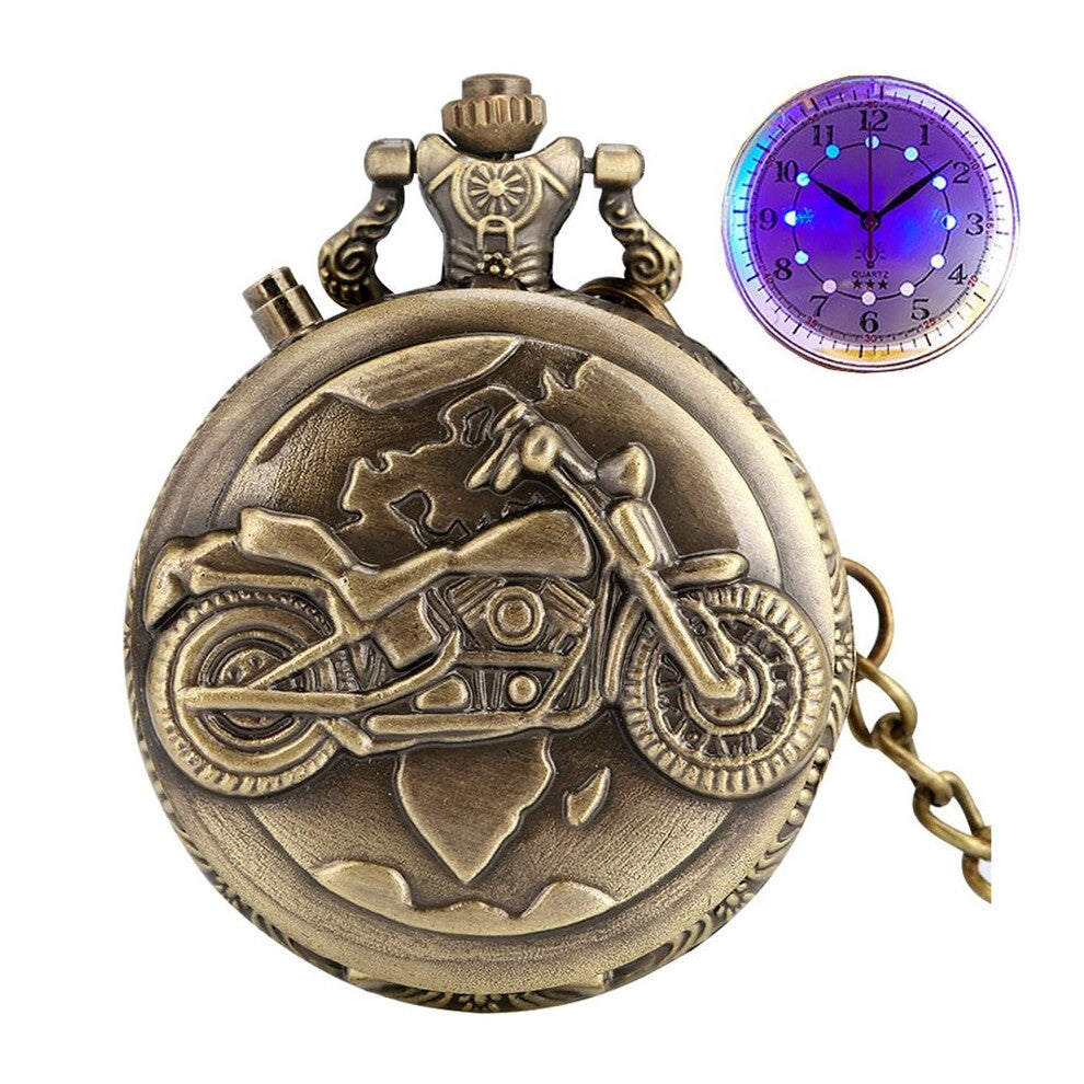 Silver Motorcycle Luminous LED Flash Motorbike MOTO Quartz Pocket Watch Carved Chain Clock Fob Gift for Men Women