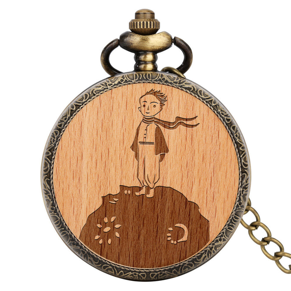Bronze Vintage Pendant Pocket Watches Beech Wood Chip Cartoon Pattern Quartz Pocket Watch Round Dial Clocks Thick Chain