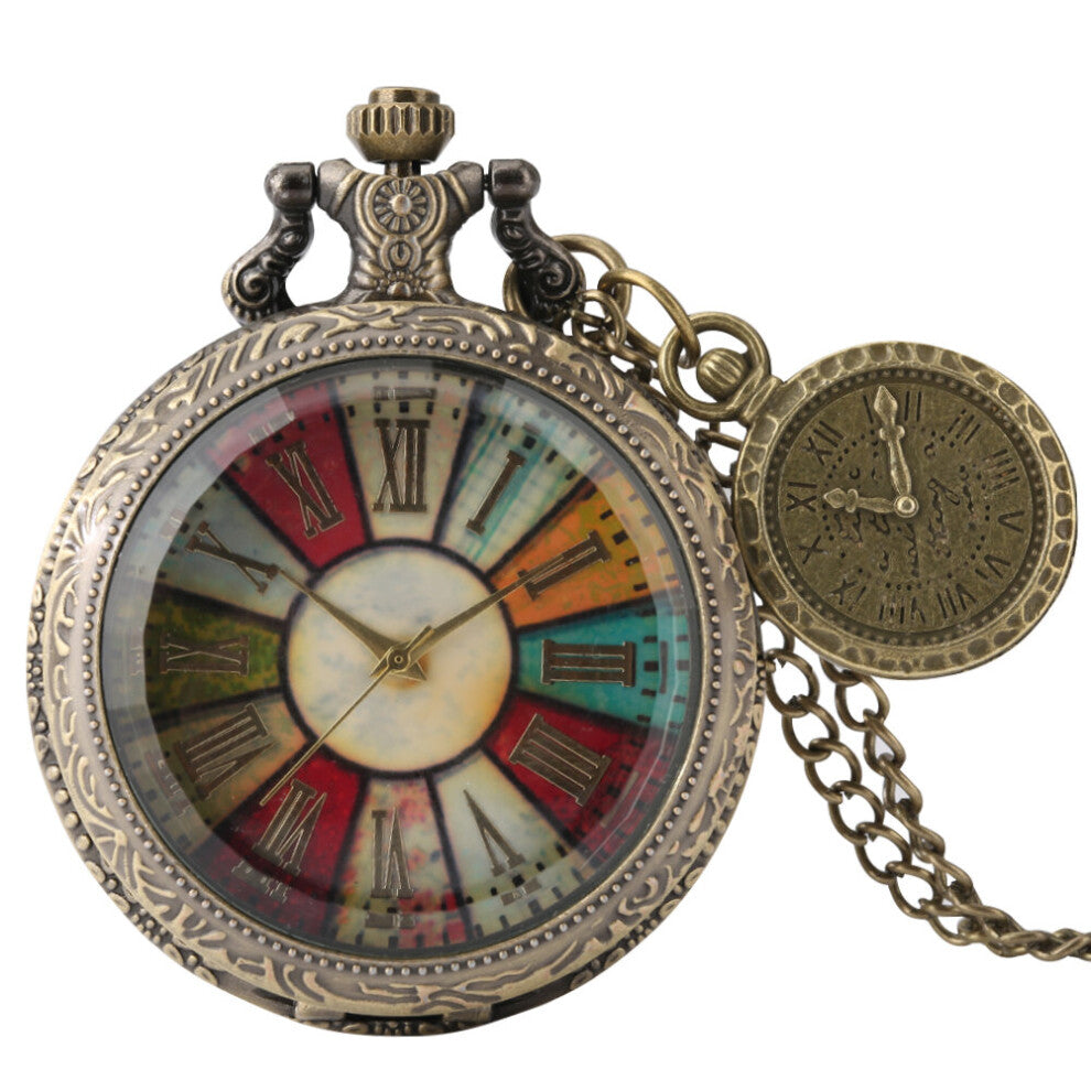 Colorful Retro Roman Pocket Watch with Accessories Transparent Cover Ladies Necklace Clock Birthday Gift for Girl