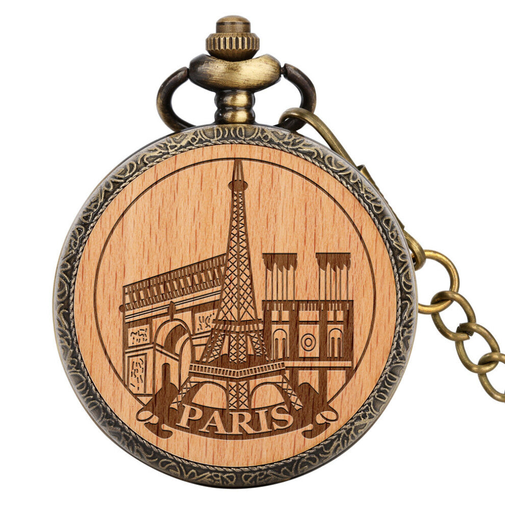 Eiffel Tower Engraved Bronze Pendant Clocks Beech Wood Chip Quartz Pocket Watch Thick Chain Dial Necklace Pocket Watches