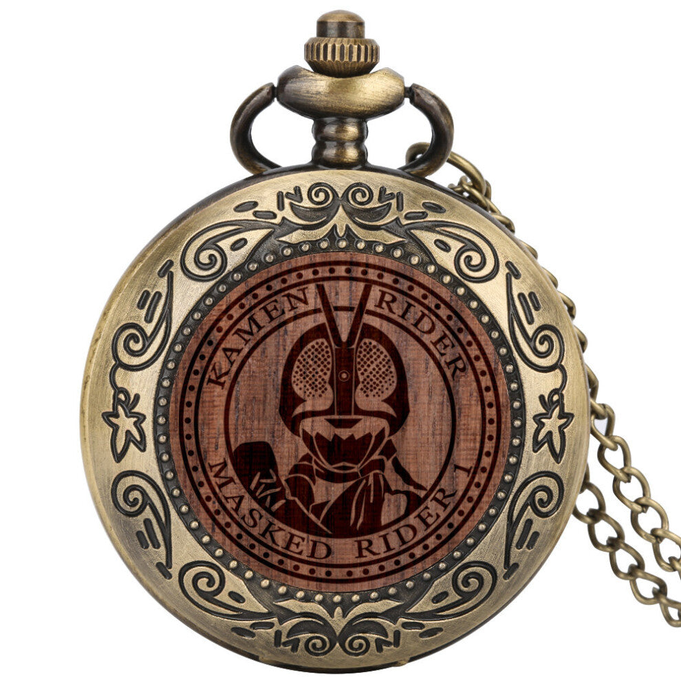 Walnut Cover Cartoon Pattern Pocket Watch Necklace Round Wood Chips Bronze Quartz Pocket Watches Clocks Fine Chain Dial