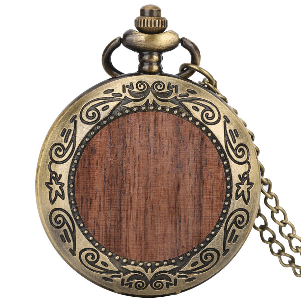 Quartz Pocket Watches Bronze Floral Pattern Walnut Small Wood Chip Pocket Watch Pendant Arabic Numerals Dial Thin Chain Clocks