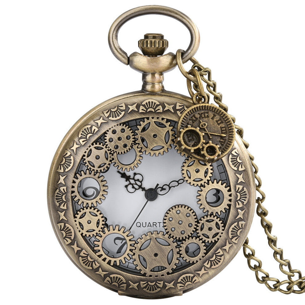 Hollow Gear Retro Pocket Watch Quartz Pendant Watches Gear Pattern Necklace Bronze Clock with Chain Gift with Gear Accessories