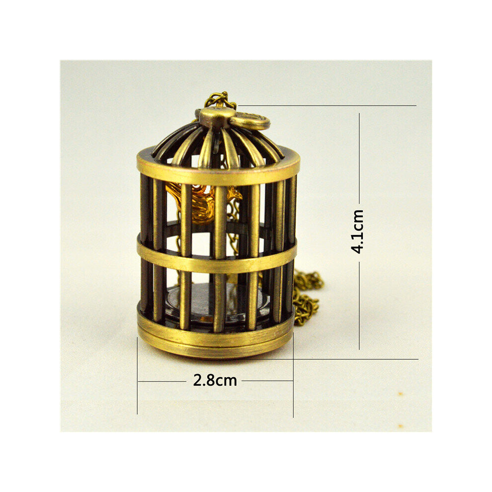 Vintage Bronze Carving Quartz Pocket Watch for Men Engraved Hollow Bird Cage Case Fob Chain Clock for Collection Gift Display