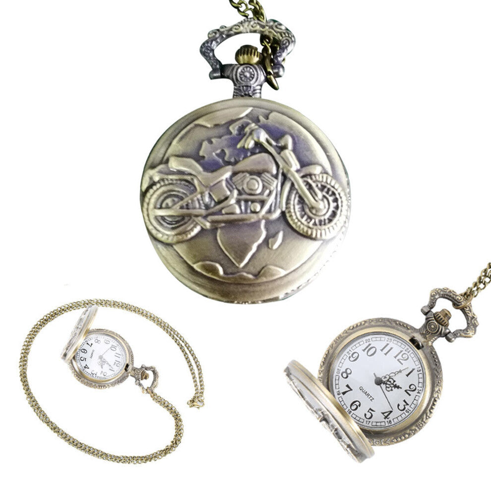 Vintage Alloy Motorcycle Motorbike Pocket Watch Necklace Pendant Chain Clock Gift PR
