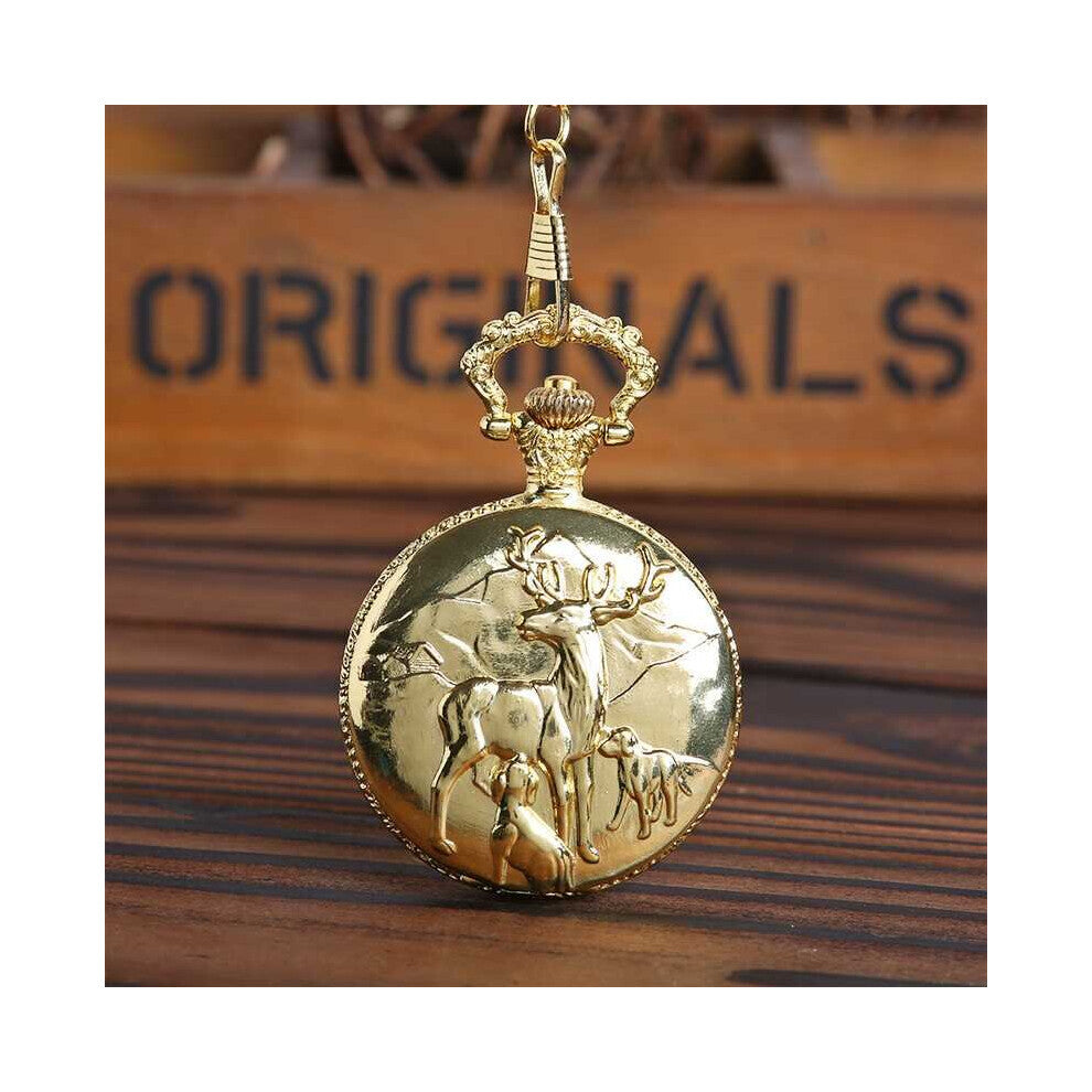 cover glossy quartz pocket watch with Waist chain floating pattern three-headed deer retro open