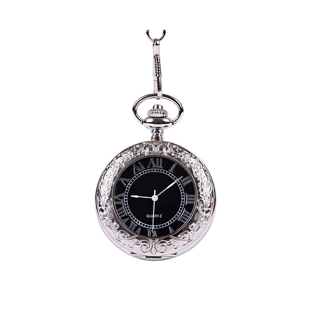 Retro Silver Perspective Glass Roman Open Digital Pocket Watch with Chain Men's and Women's Accessories