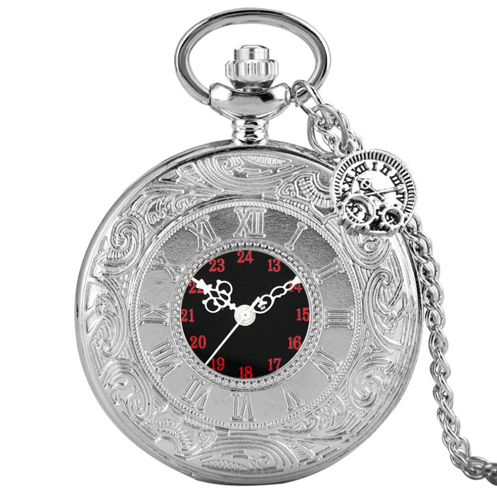 Silver Men's Quartz Pocket Watch Double Time Zone Dial Fob Chain with Gear Rome Accessories Pendant Clock Unique Gift