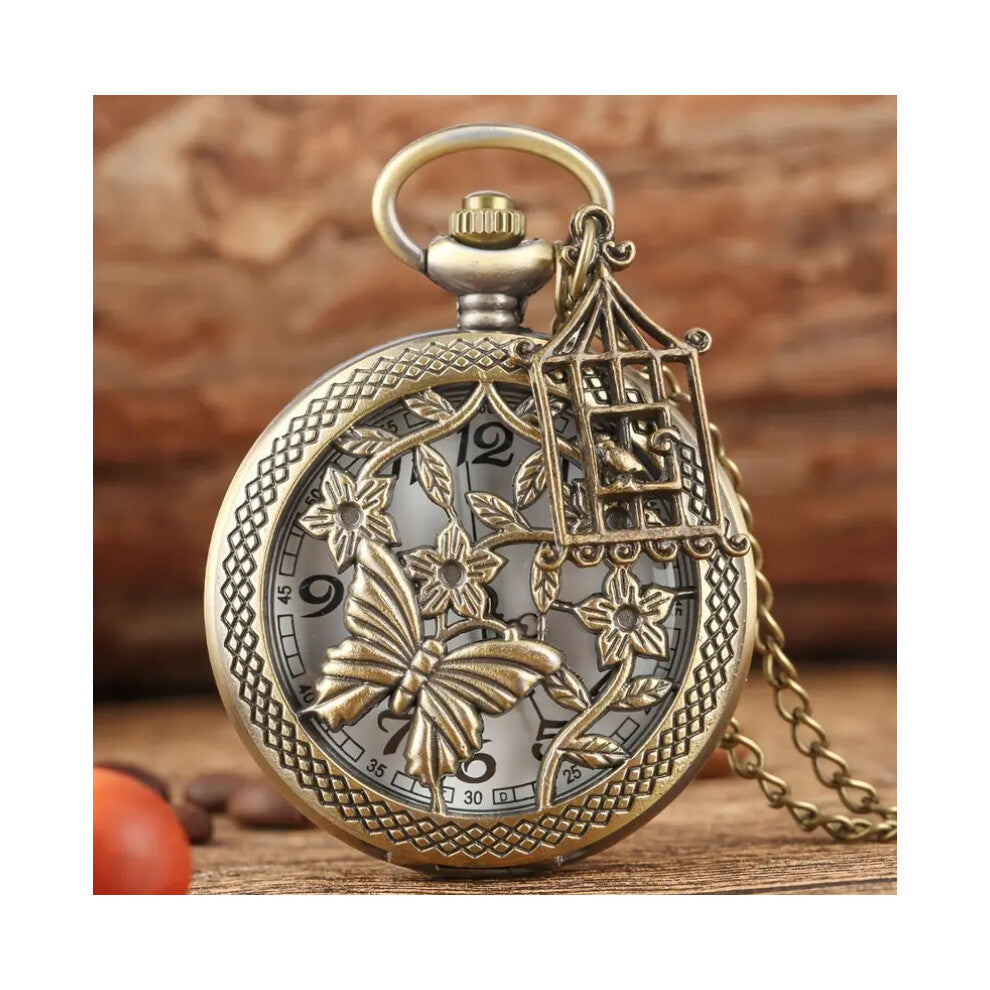 Retro Bronze Hollow Butterfly With Little Birdcage Pendant Quartz Pocket Watch with Necklace Chain Gift Men's Clock