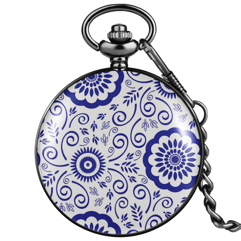Portable And Porcelain Pattern Quartz Pocket Watch Clock Dial Flip Case Comfortable Chain Accessories Pendant