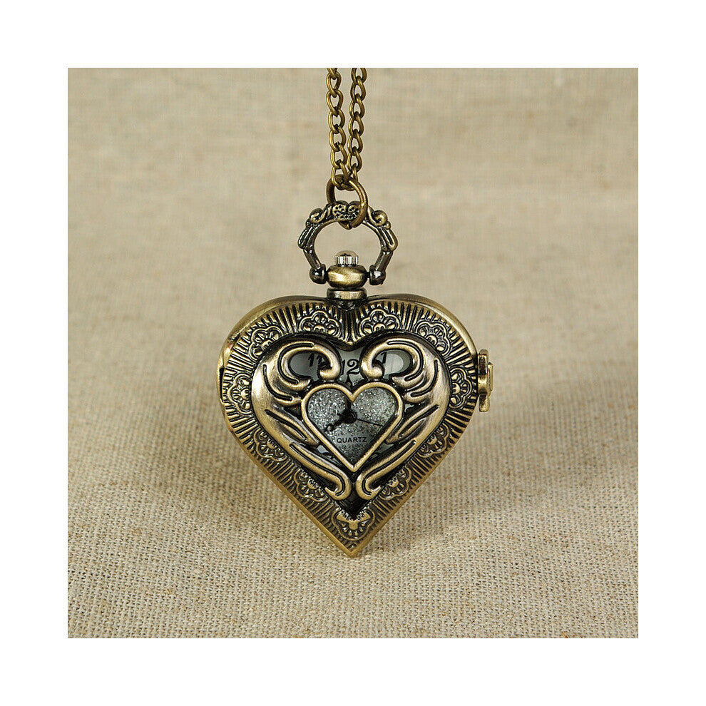Retro Bronze Heart Shape Pendant Quartz Pocket Watch with Necklace Chain Leisure Men's Gift Clock Accessories
