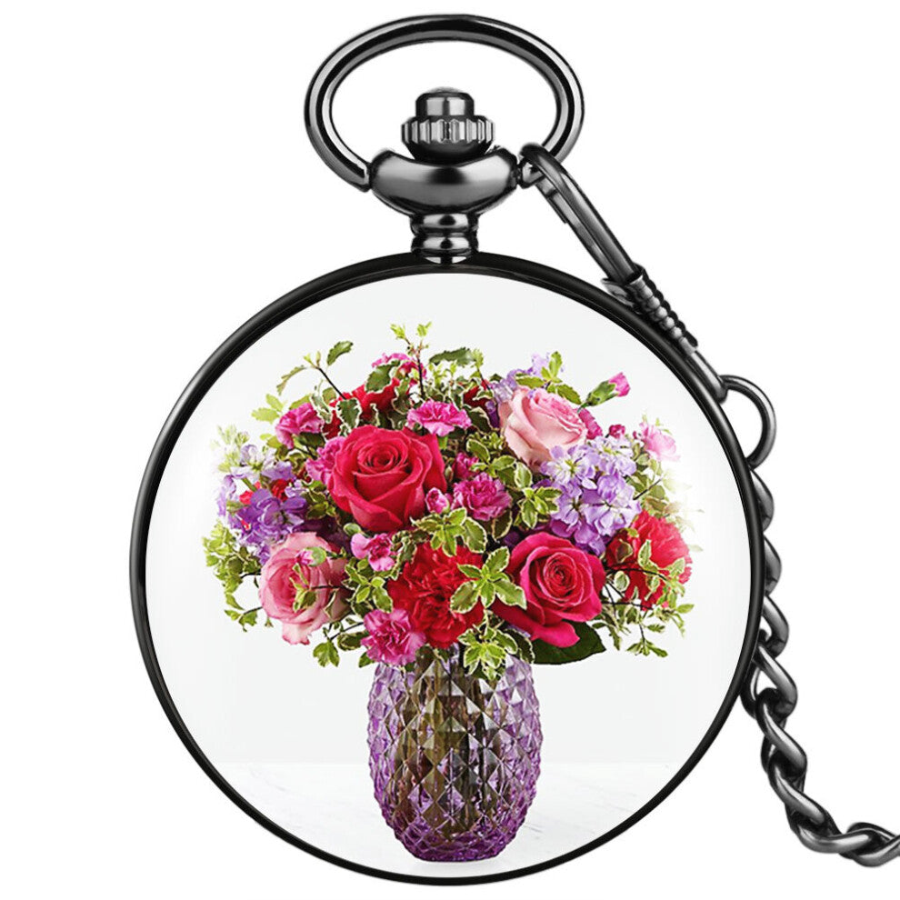 Women's Pocket Watch Flowers And Vases Quartz Pocket Chain Watch Durable Digital Dial Pendant Small Clock Birthday Gift