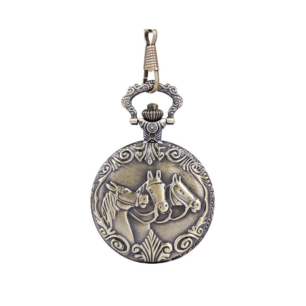 8854Retro bronze three-headed horse pattern open digital pocket watch for men and women accessories with chain
