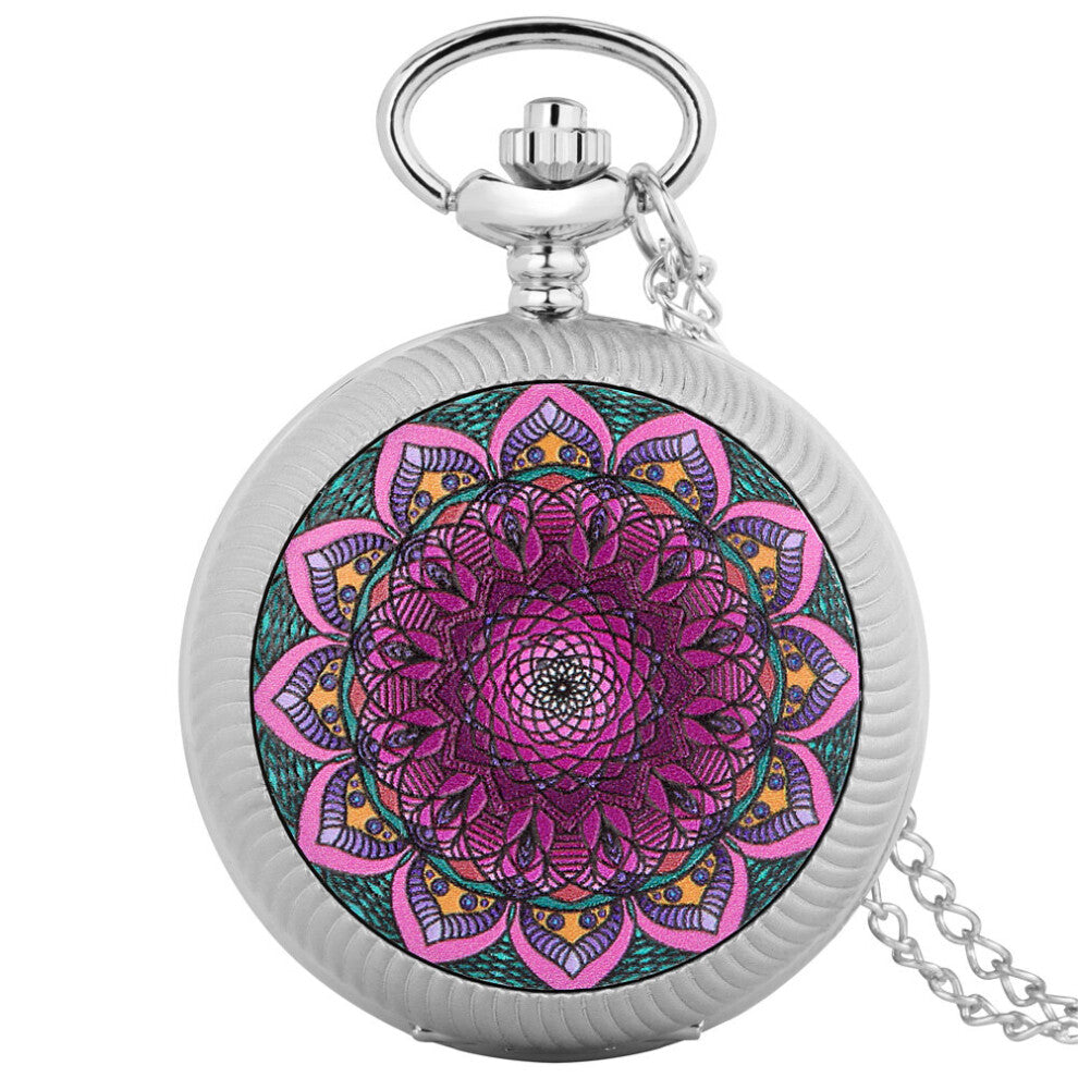 Retro Silver Rotatable Pocket Watch Turntable Glue Dropping Flower Quartz Watches Chain Necklace Gift for Men Women Kids