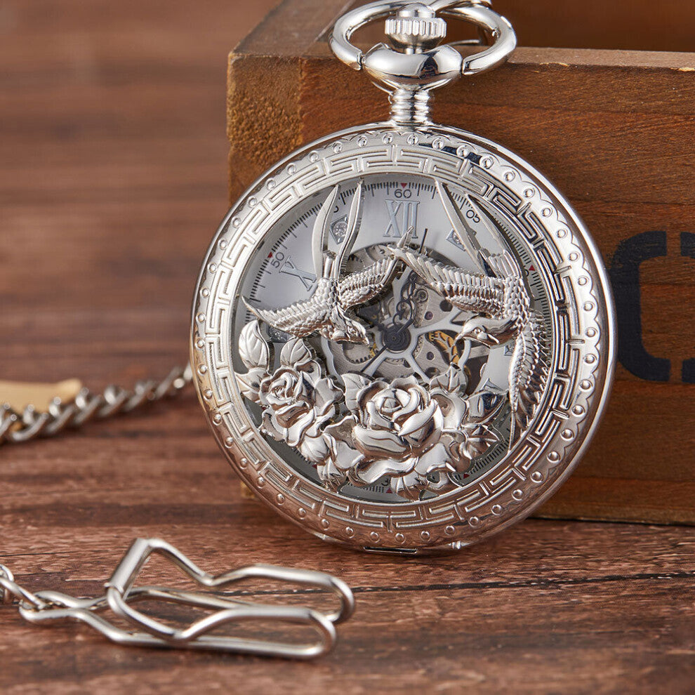 Vintage Golden Silver Skeleton Mechanical Pocket Watch Men Antique UniqueNecklace Pocket & Fob Watches Chain