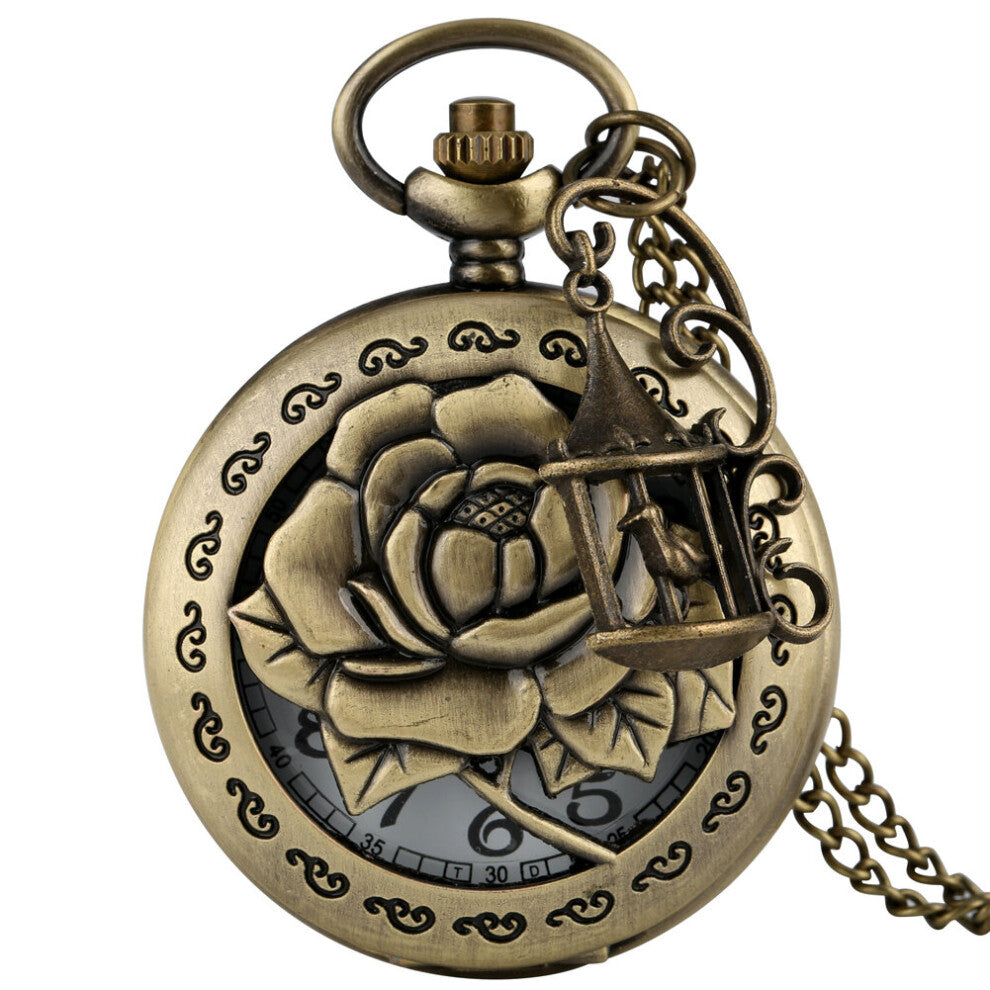 Bronze Hollow Rose Flowers Quartz Pocket Watch Antique Retro Necklace Watch Old Fashioned Pendant Clock with Accessories