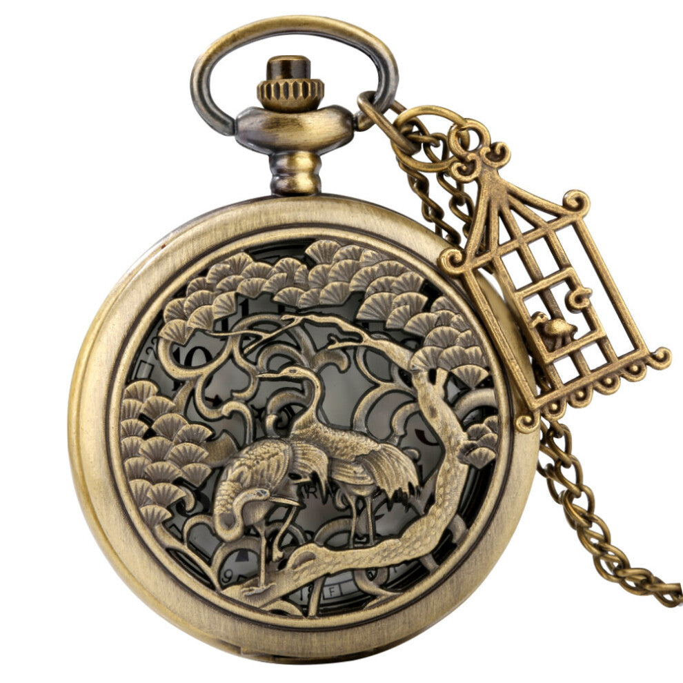 Hollow Bronze Two Cranes on the tree Pattern Quartz Pocket Watch Necklace Pendant Chain FOB Clock with Birdcage Accessory