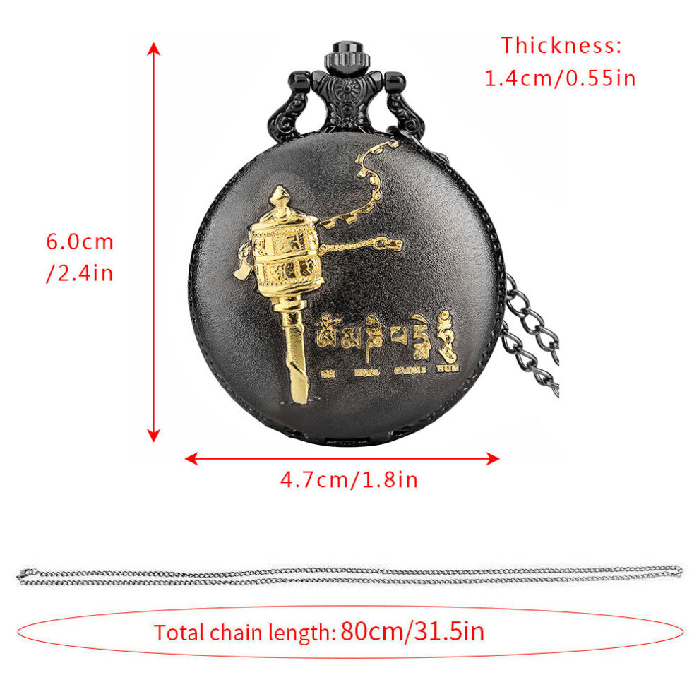 Om Mani Padme Hum Buddhism Letters Sanskrit Six Words Quartz Pocket Watch for Men Women with Necklace-38cm Waist Hook Chain