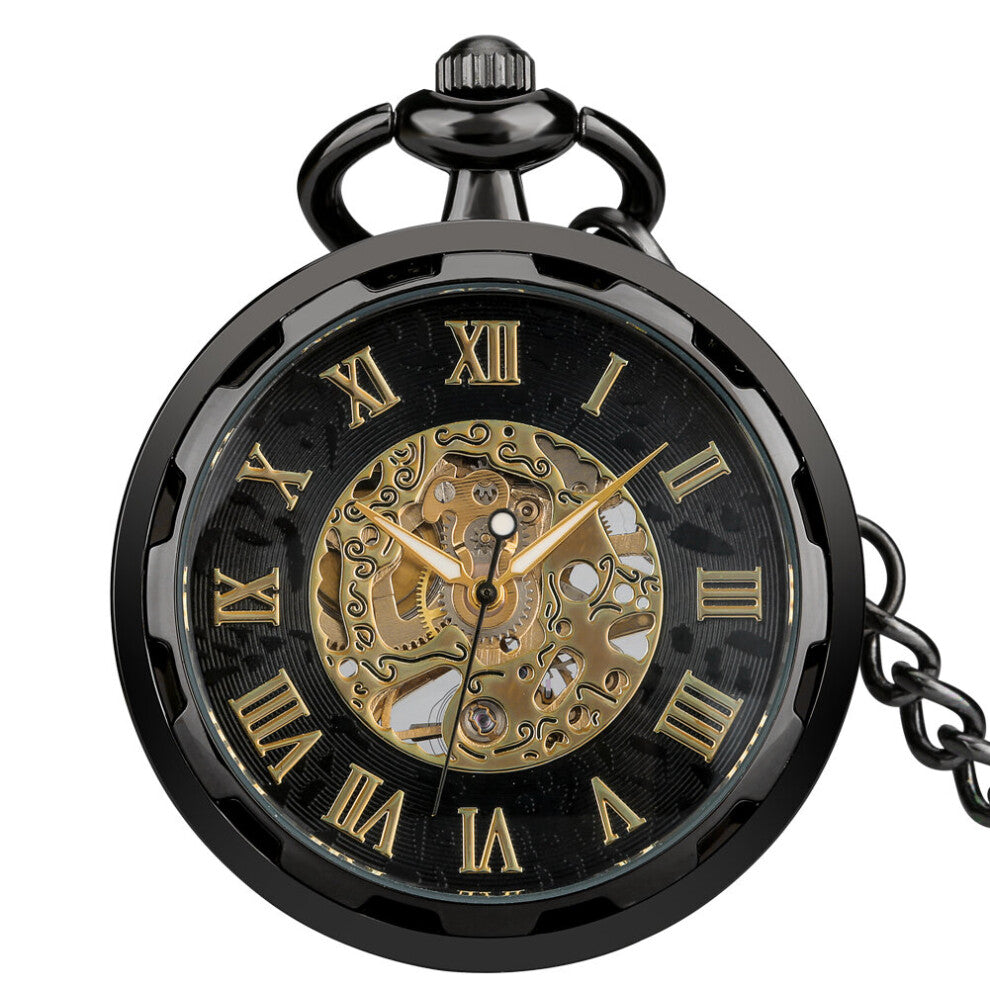 Vintage Hand-Wind Mechanical Pocket Watch Skeleton Roman Numeral Dial Black-Bronze-Silver Pendant Clock for Men Retirement