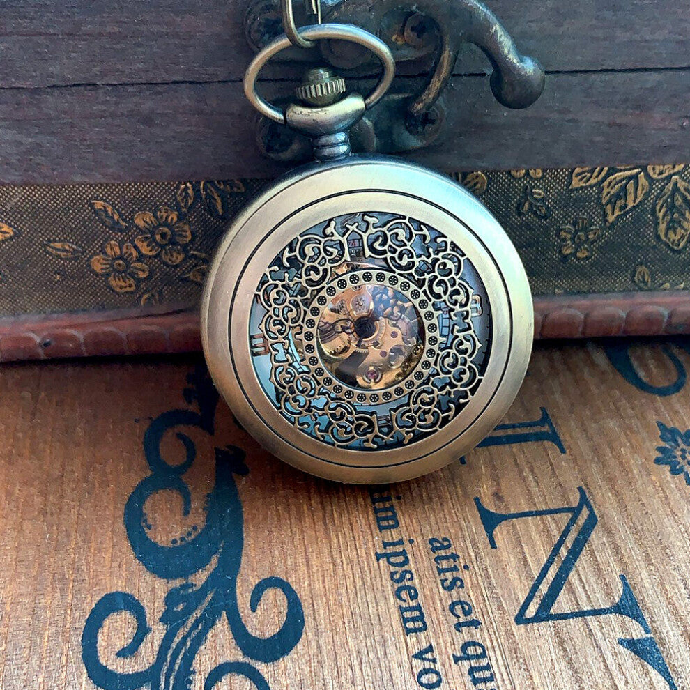 0 Bronze creative dense flower digital face open cover mechanical pocket watch men's and women's accessories with necklace