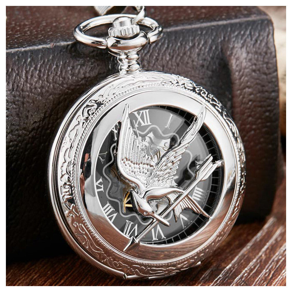 Retro Vintage Hollow The Hunger Games Mockingjay Mockingbird Quartz Pocket Watch Necklace Chain Silver relogio de bolso