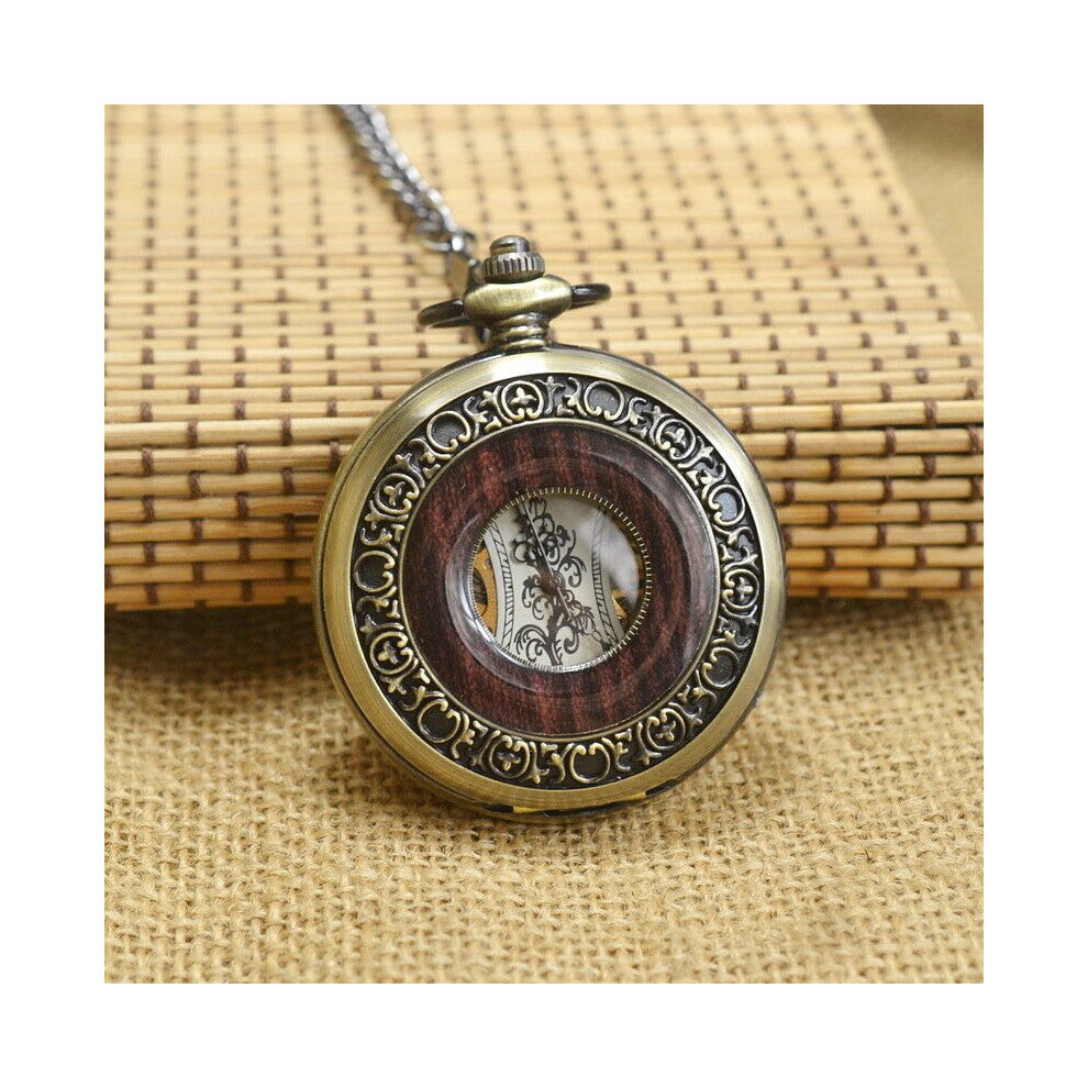 Vintage Mechanical Pocket Watch for Men Women Wood Grain Wave Roman Numeral Dial Fob Chain Pendant Clock for Collection