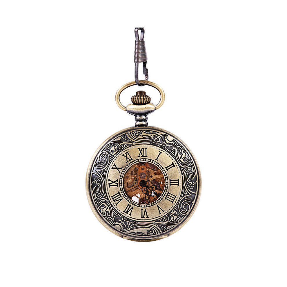 Retro bronze Roman numerals open mechanical pocket watch with chain men's and women's accessories