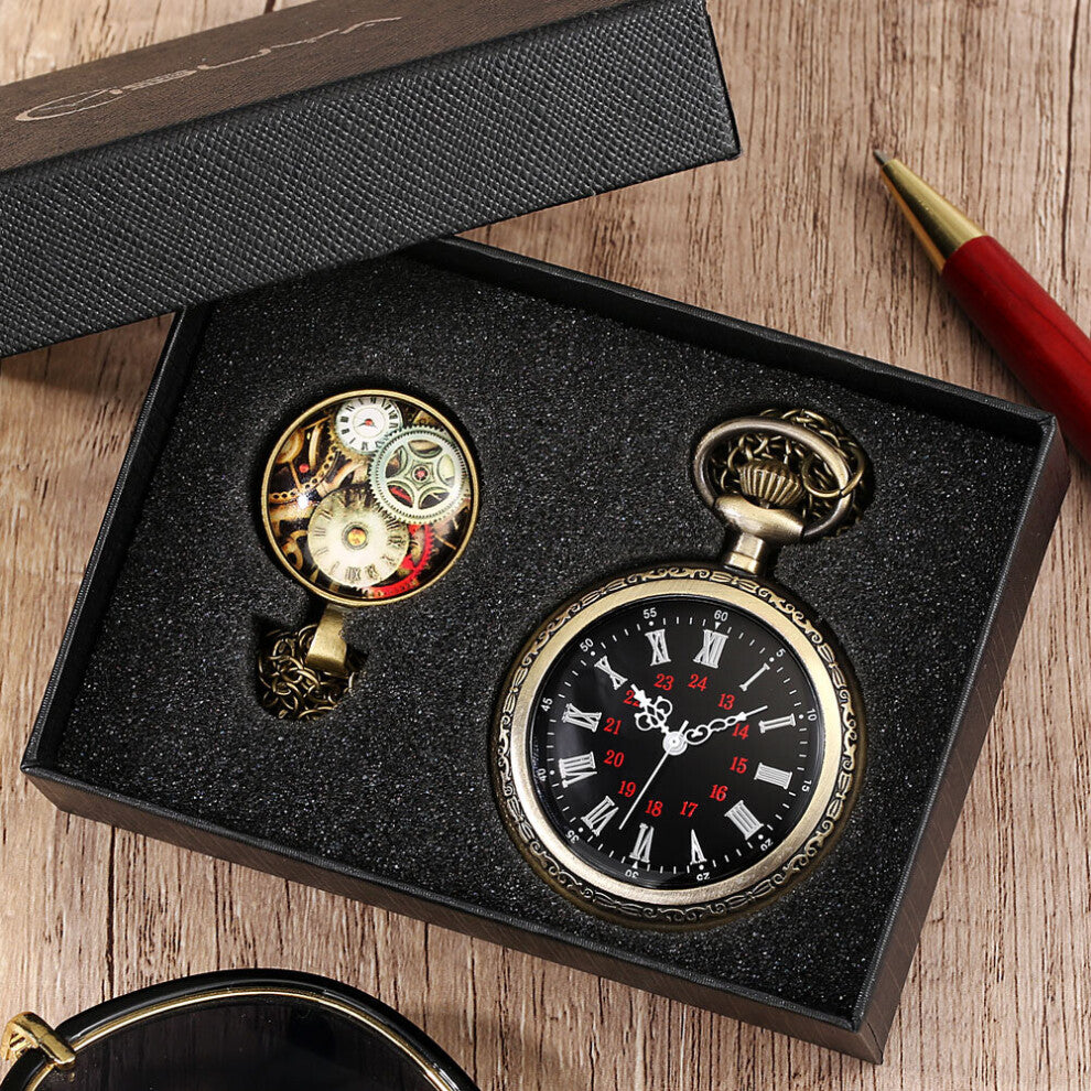 Pocket Watch Set with Box Mens Roman Numeral Dial Watch Quartz Clock Ladies Necklace with Accessories Birthday
