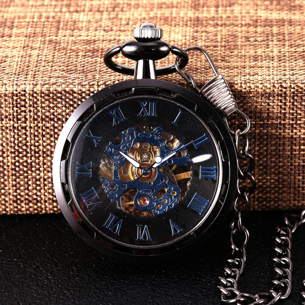 8936Black carved transparent glossy Roman scale mechanical large pocket watch