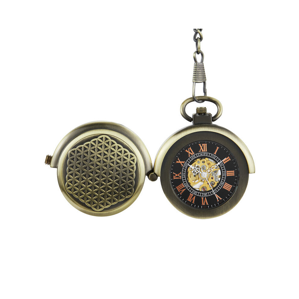Antique Retro Hollow Cover Double Turntable Capping Hand-Winding Mechanical Pocket Fob Watch Men Steampunk Bronze Chain