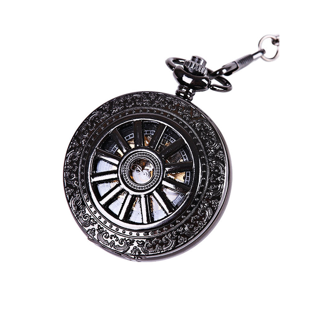 Retro wheel perspective pattern open digital pocket watch with chain men's and women's accessories