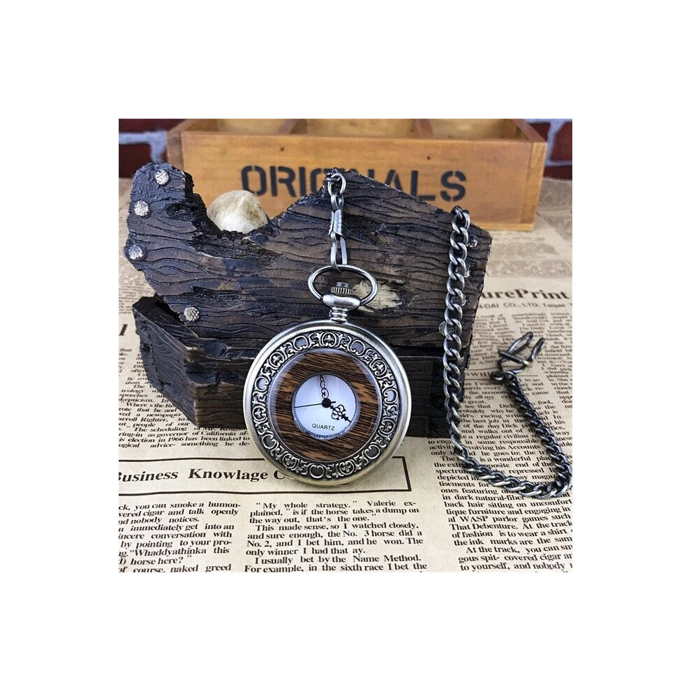 Vintage Quartz Pocket Watch for Men Engraved Wood Grain Wave Hollow Case Roman Numeral Fob Chain Necklace Clock for