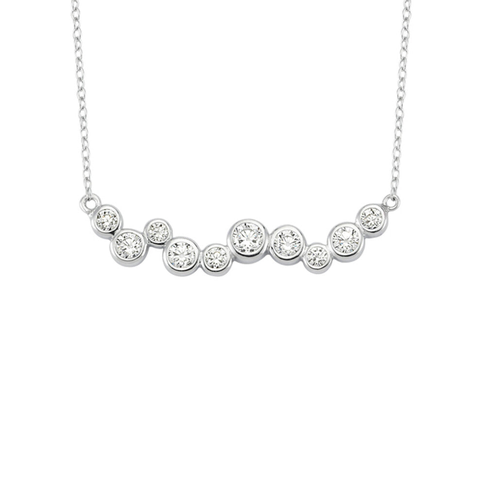 Jewelco London Rhodium Sterling Silver CZ Wavy Bubbles Bar 1mm Pendant Necklace 16" + 3" extension - ANC065