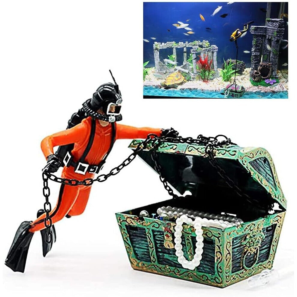 Aquarium Decoration - Aquarium Decoration - Treasure Chest - Diver - Orange