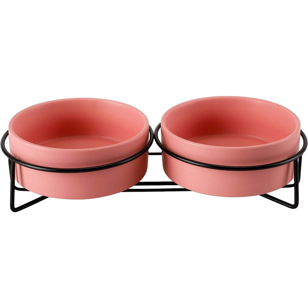 Ceramic Cat Bowl(2x400ml), Double Cat Lunch Bowl, Elevated Kitten Food-Water Bowl - Pink