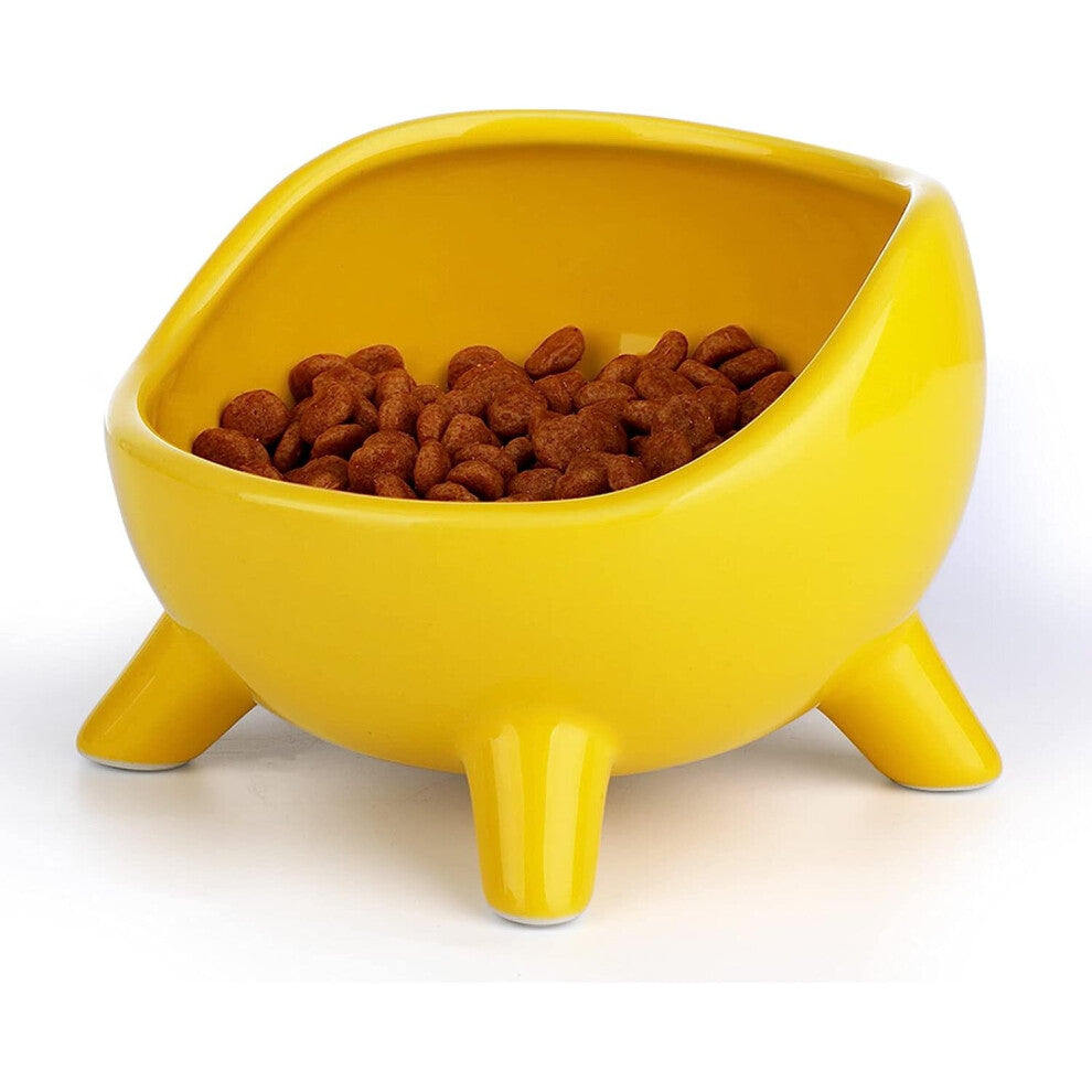 Cat Bowl (1x300ml), Elevated Ceramic Cat-Puppy Bowl, Angled Orthopedic Bowl for Adult Cat-Kitten for Food-Water - Yellow