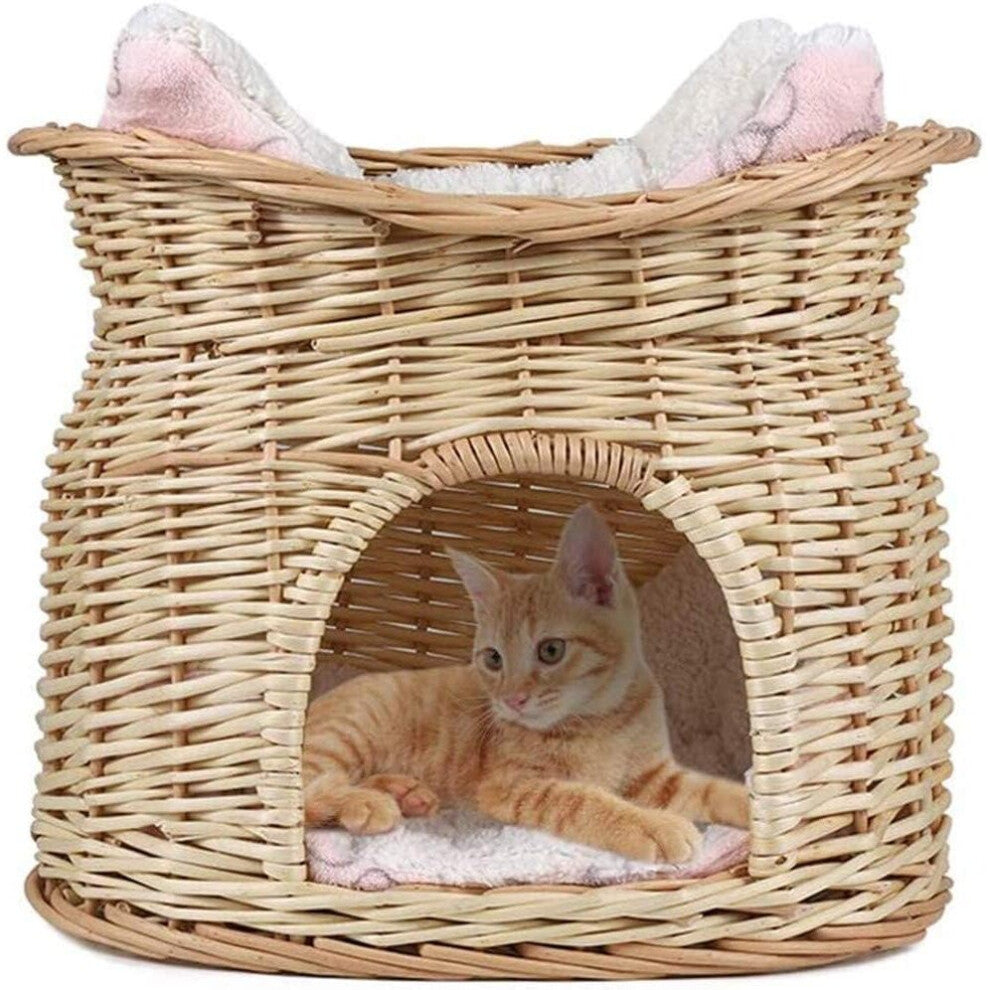 Handmade 2 Tier Wicker Bed Basket Pet Cat Dog Bed Basket with 2 Soft Cushions