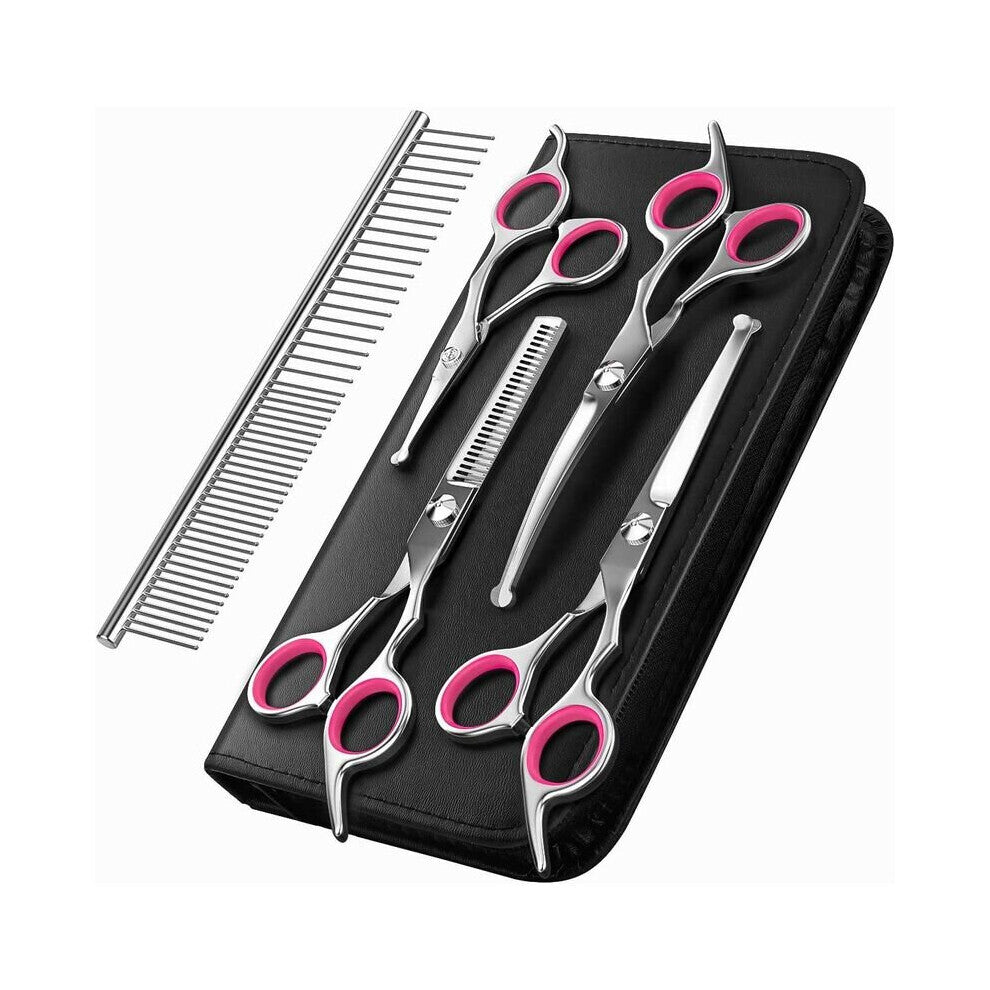 Dog Grooming Scissors, 5 Pcs Titanium Coated Stainless Steel Pet Grooming Tool Set, Thinning-Straight-Curved Shears and Comb, Pink