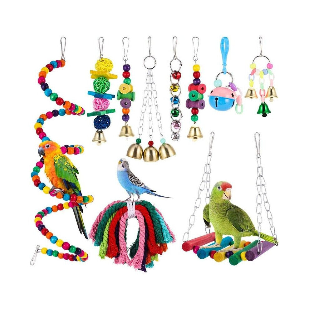 10 Pieces Bird Toys - Color Climbing Toys, Swings, Ladders, Perches, Bells - for Birdie, Parrot, Finches, Parakeets