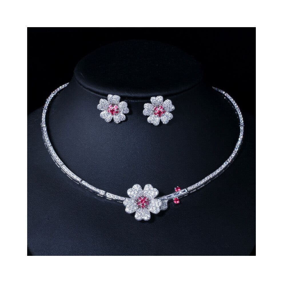 CWWZircons CZ Crystal Red Rose Flower Women Choker Necklace and Earrings Bridal Jewelry Set for Wedding Dress Accessories T211