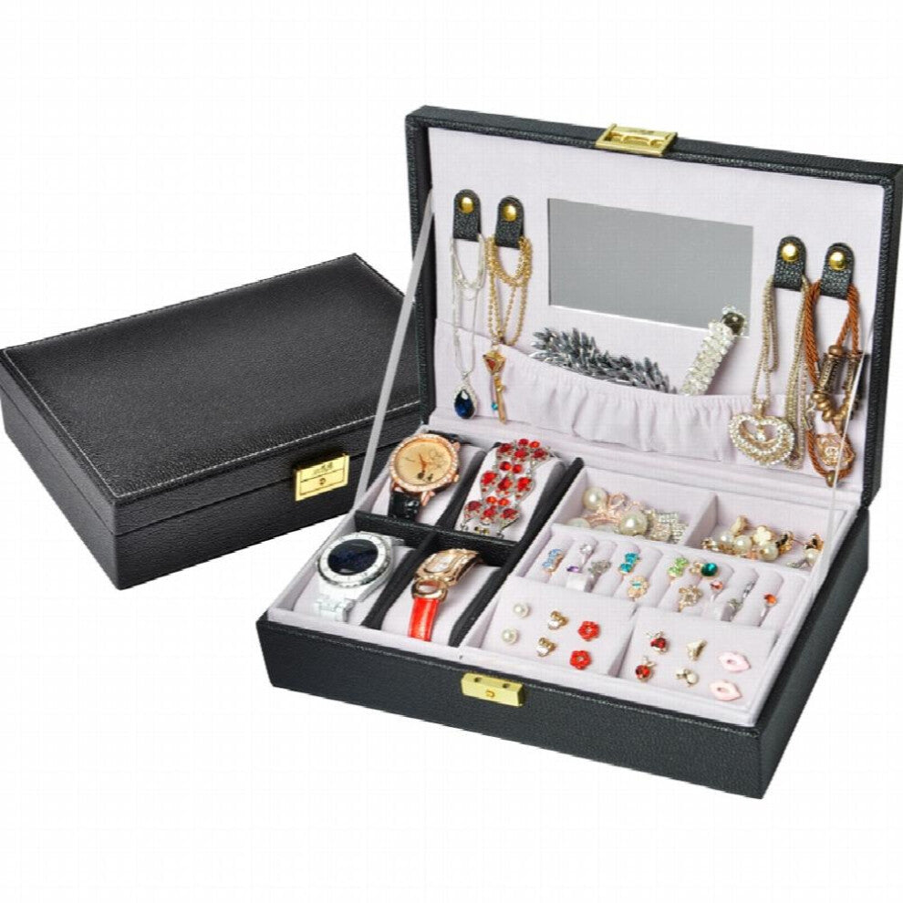Mirrored Double Layers Watches Necklace Storage Case PU Leather Jewelry Box Earring Ring Display Holder Women Gift