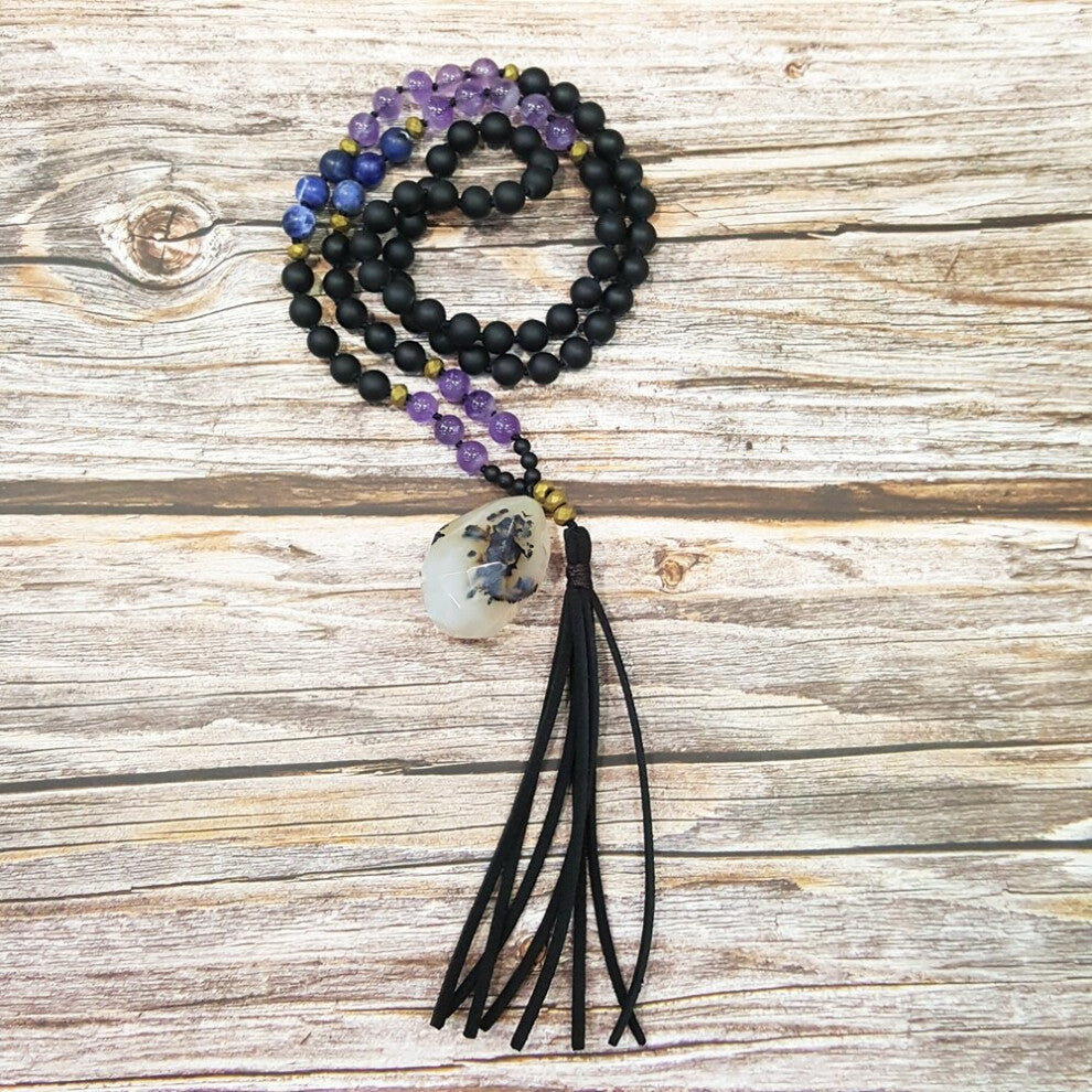 Natural Amethyst Sodalite Agate Pendant Leather Bohemia Long Necklace 30 inch Drop