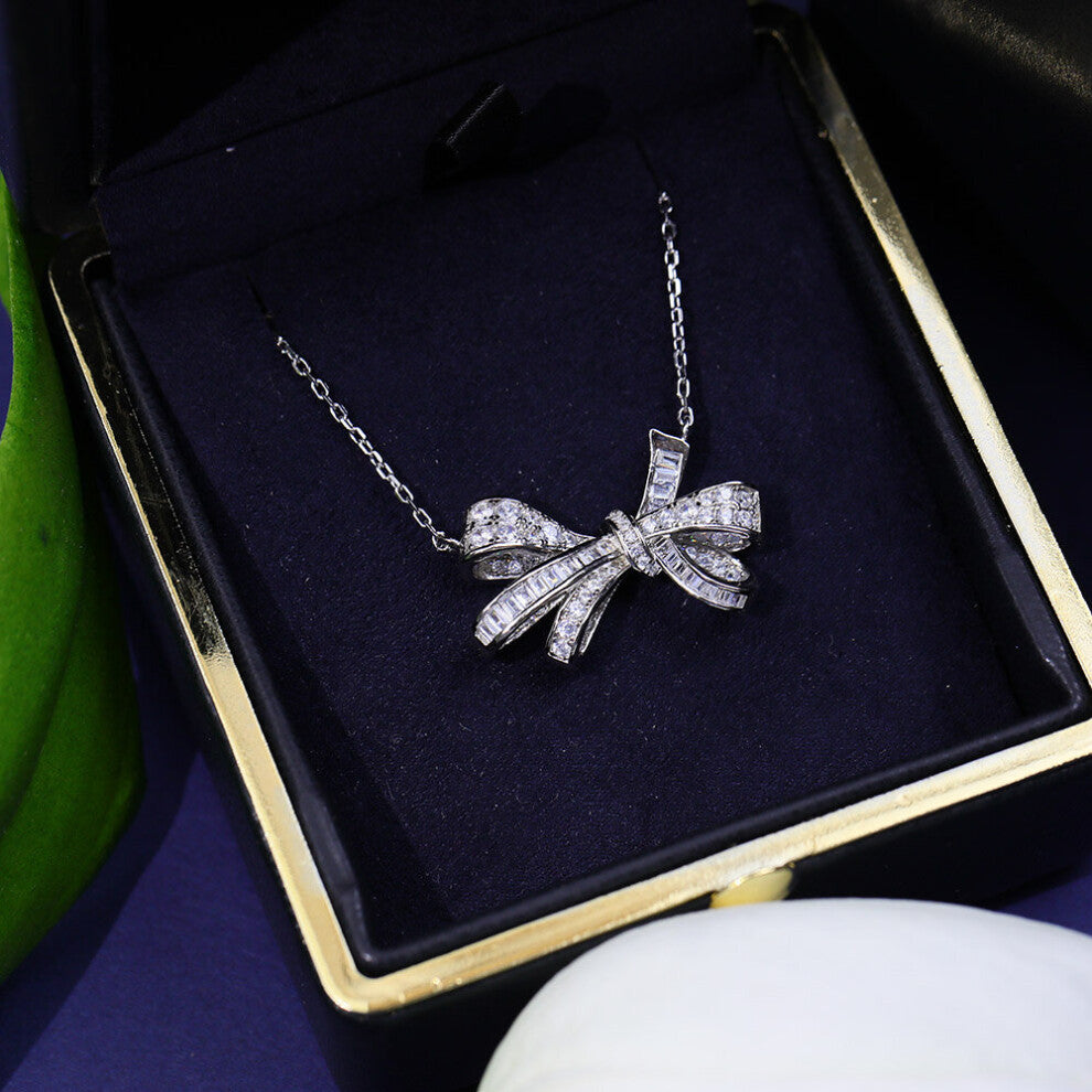 S925 Sterling Silver Anti Allergy Sweet Three-Dimensional Bow Necklace Gorgeous Womens Accessories Wedding