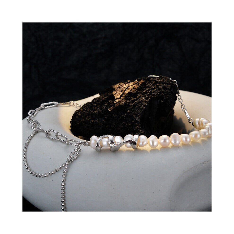 MLKENLY French baroque necklace pearl womens S925 sterling silver texture cross chain Neck Accessories Jewelry