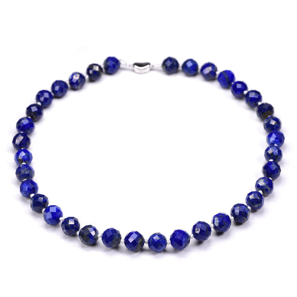 10MM High Natural Faceted Lapis Lazuli Beads Necklace for Women Men Silver 925 Buckle Chokers Jewelry Female Hand Knotte