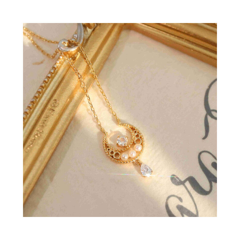 LAMOON Necklace for Women Wedding Accessories Natural Moonstone Pendent Freshwater Pearl 925 Sterling Silver Chain NI081