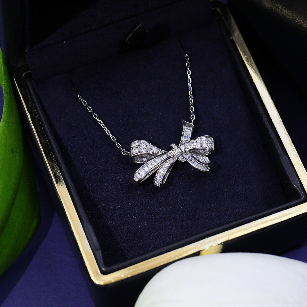 S925 Sterling Silver Anti Allergy Sweet Three-Dimensional Bow Necklace Gorgeous Womens Accessories Wedding