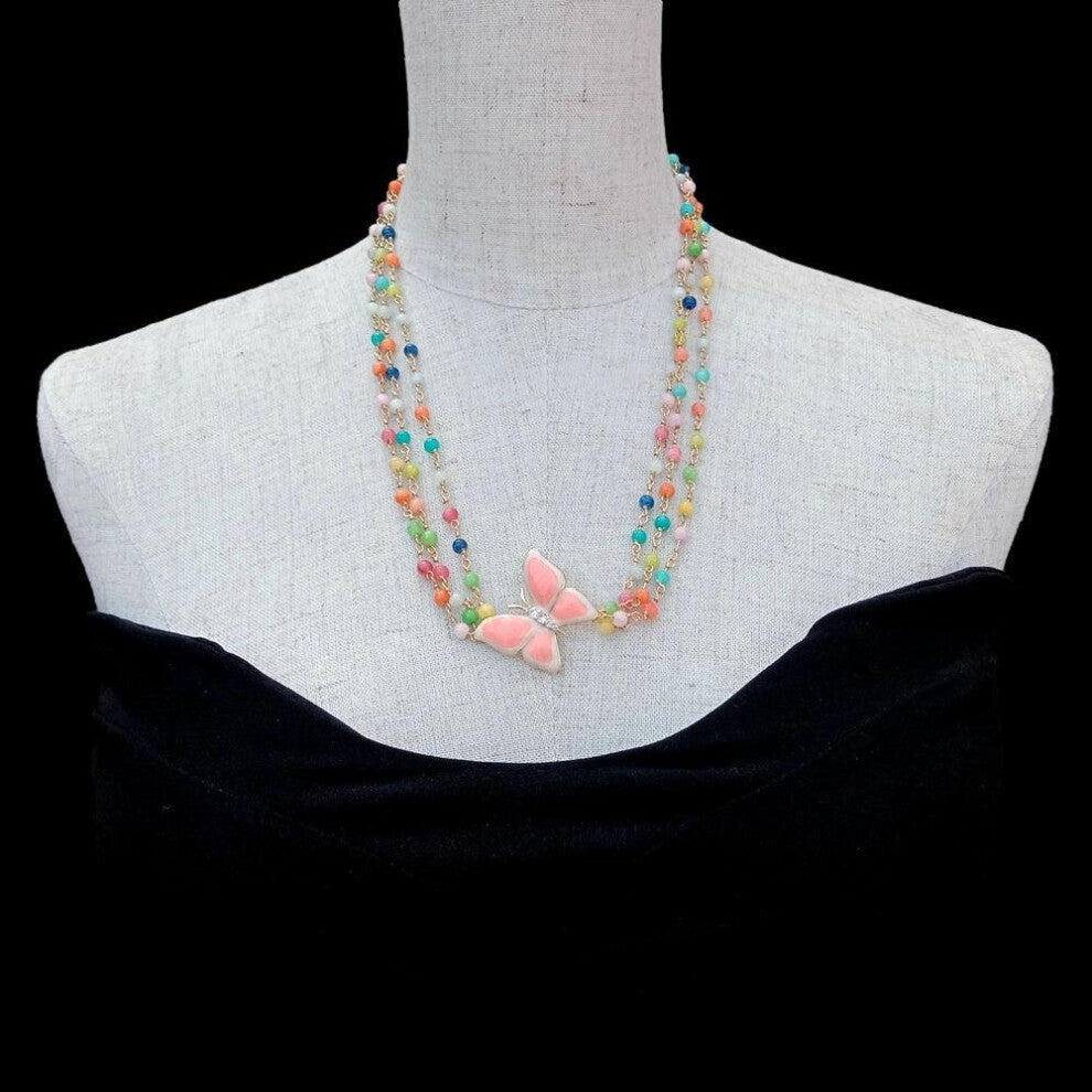 YYGEM 3 Rows 4mm Jade Rosary Chain Necklace 35mm Enamel Butterfly Pendant For Women Necklace Accessories