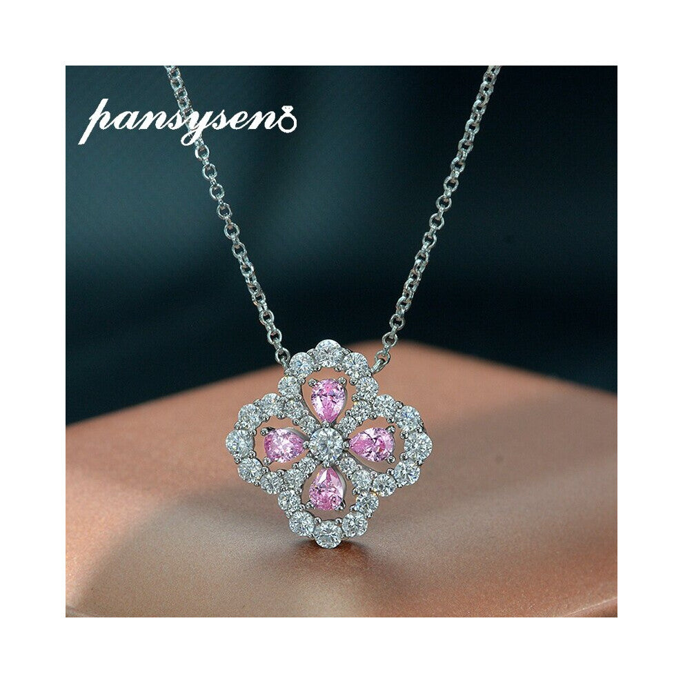 Solid 925 Sterling Silver Wedding Engagement Leaf Pink Sapphire Created Moissanite Diamond Pendante Necklaces for Women